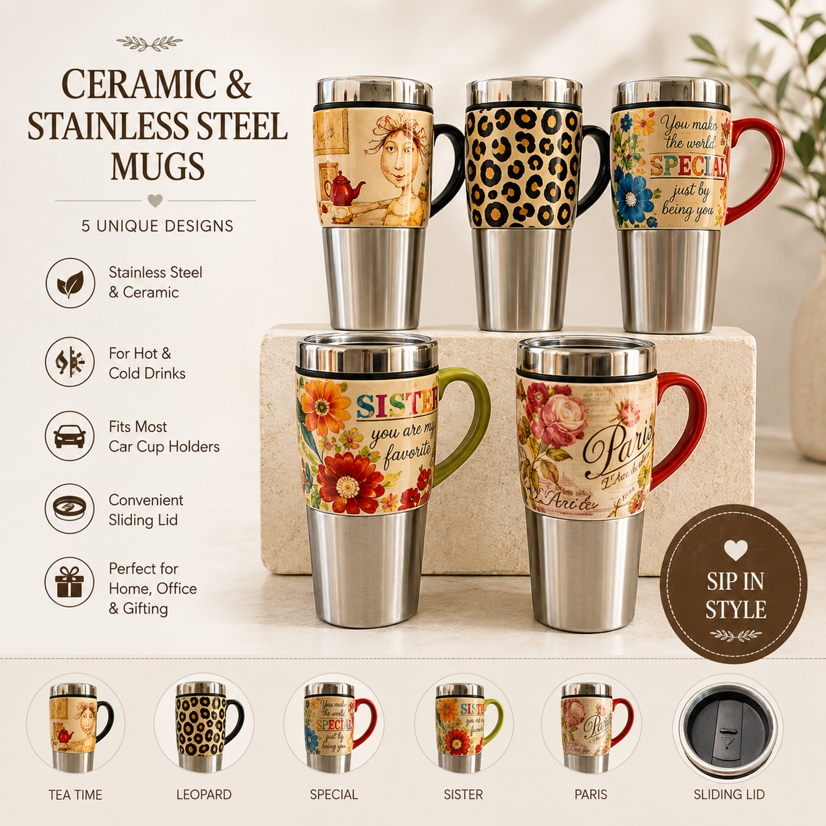Whimsical Art Ceramic & Stainless Steel Travel Mug with Lid