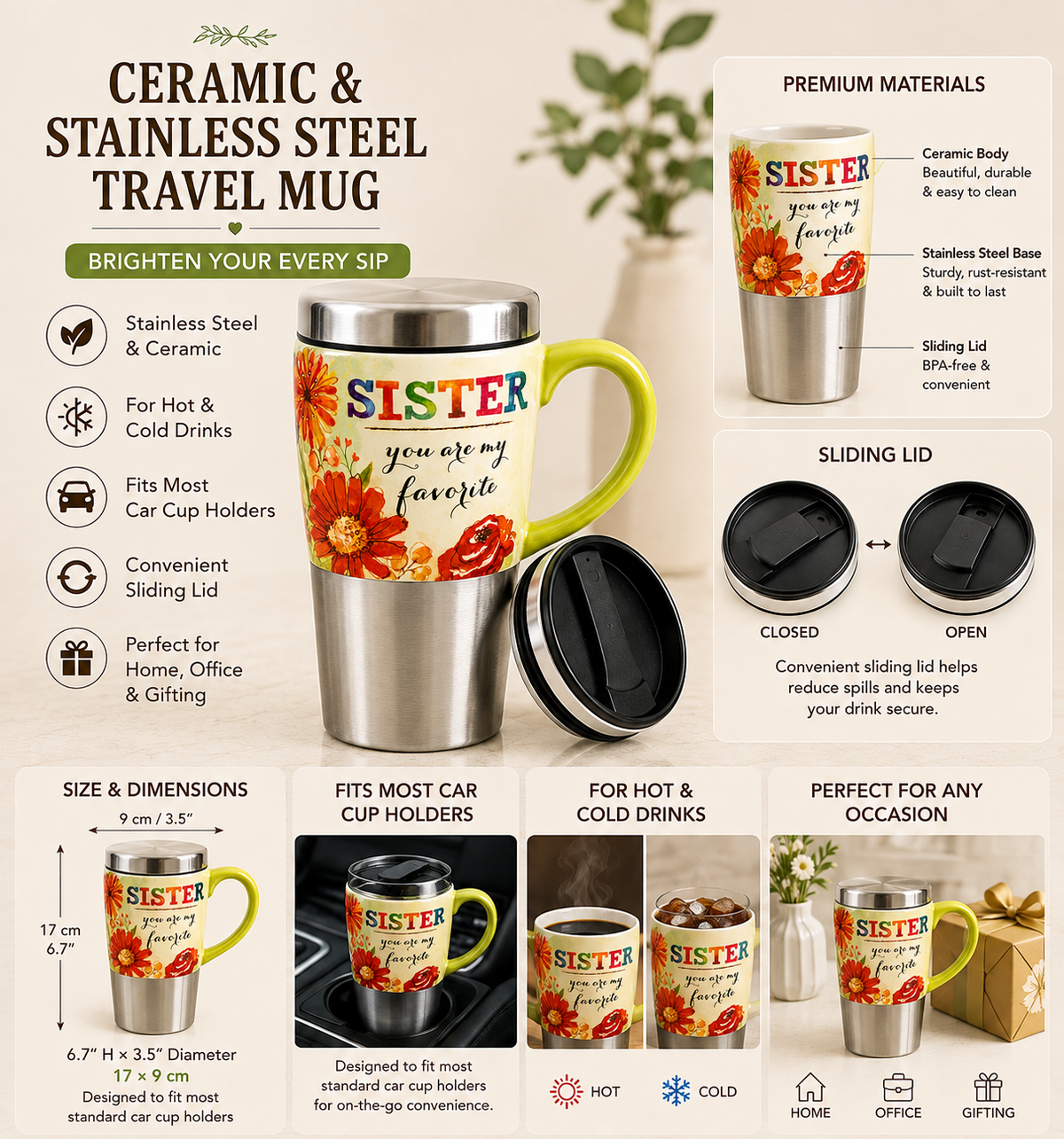 Sister You Are My Favorite Ceramic & Stainless Steel Travel Mug with Lid