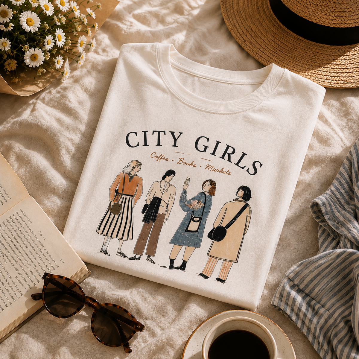 City Girls Graphic T-Shirt | Coffee Books Markets Tee | Vintage Bookish Shirt for Women | Unisex Graphic Tee