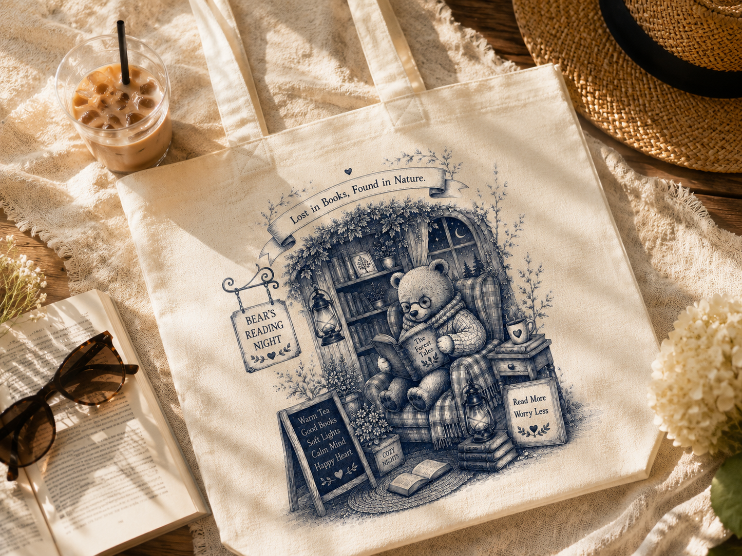 Lost in Books Found in Nature Canvas Tote Bag | Cozy Reading Bear Tote | Book Lover Gift