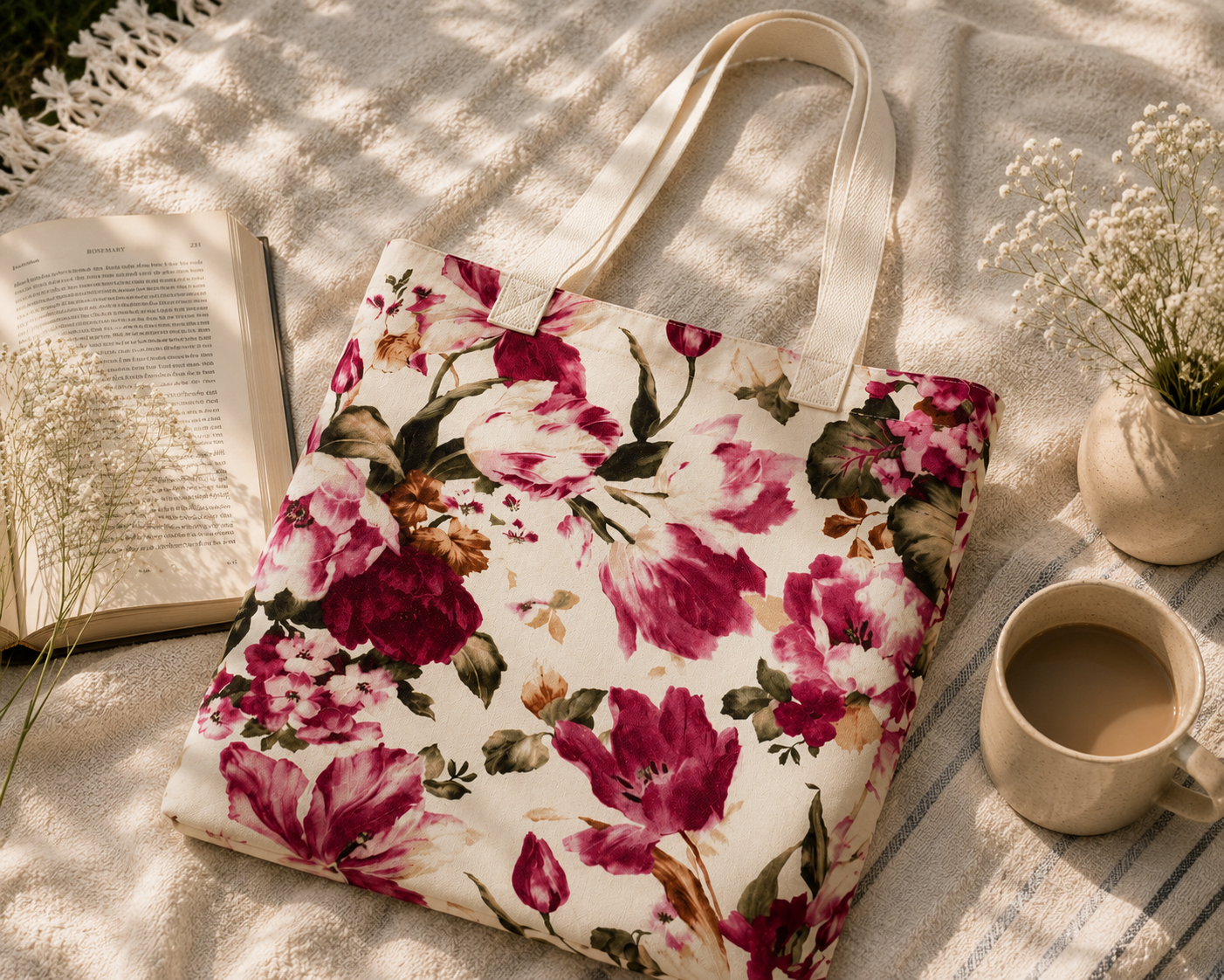 Burgundy Floral Cotton Tote Bag – Vintage Garden Everyday Tote