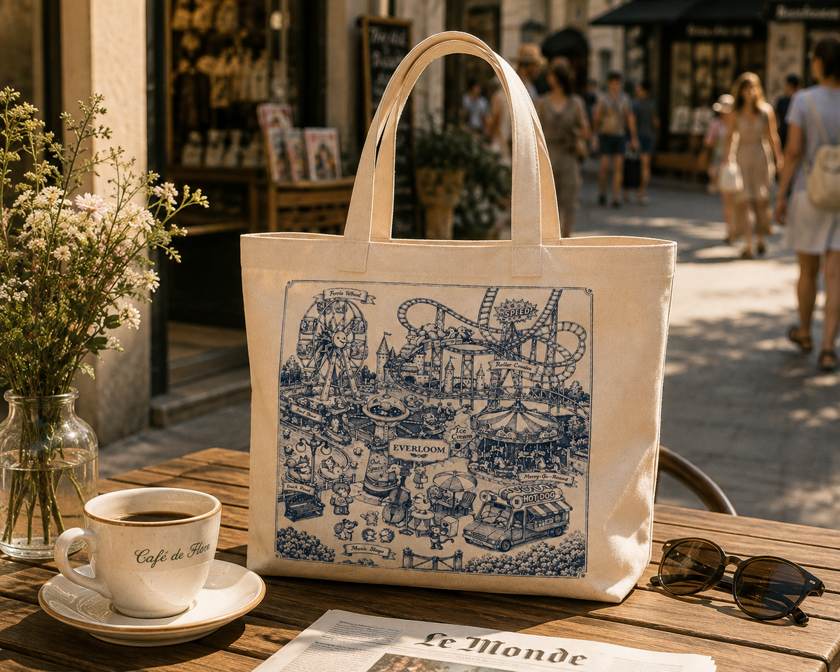 Vintage Amusement Park Canvas Tote Bag – Hand Drawn Carnival Illustration