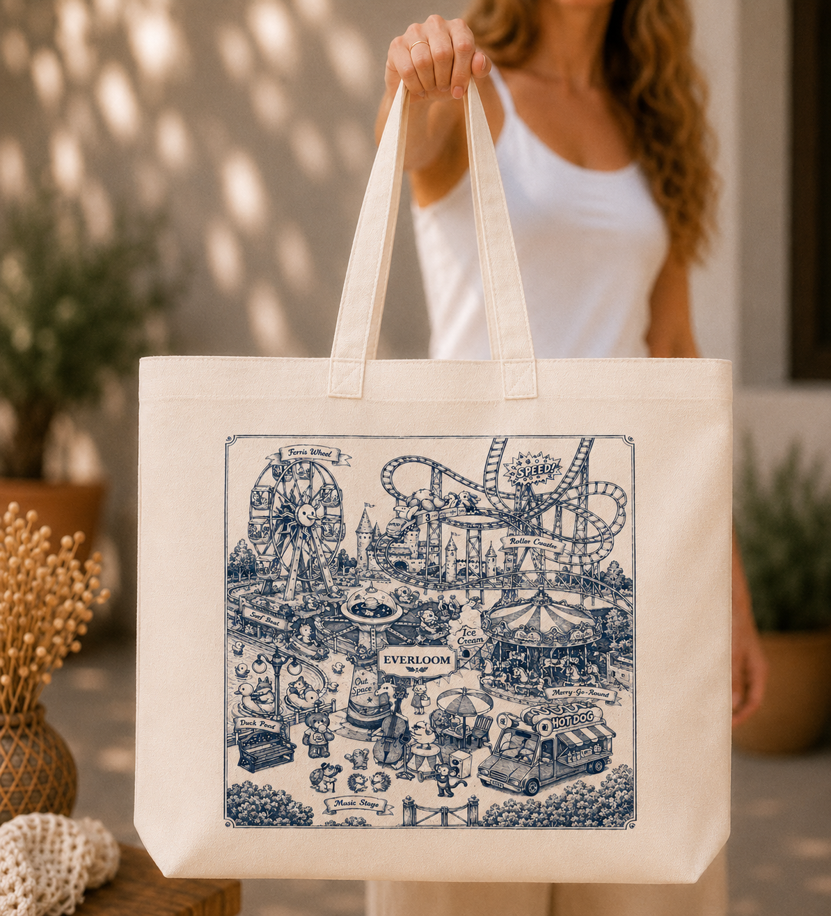 Vintage Amusement Park Canvas Tote Bag – Hand Drawn Carnival Illustration