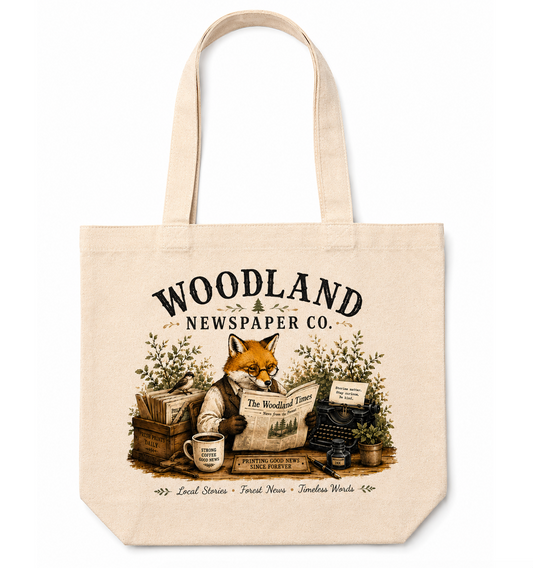 Woodland Newspaper Co Canvas Tote Bag | Fox Book Lover Cotton Tote | Vintage Forest Market Bag | Reusable Everyday Shoulder Bag