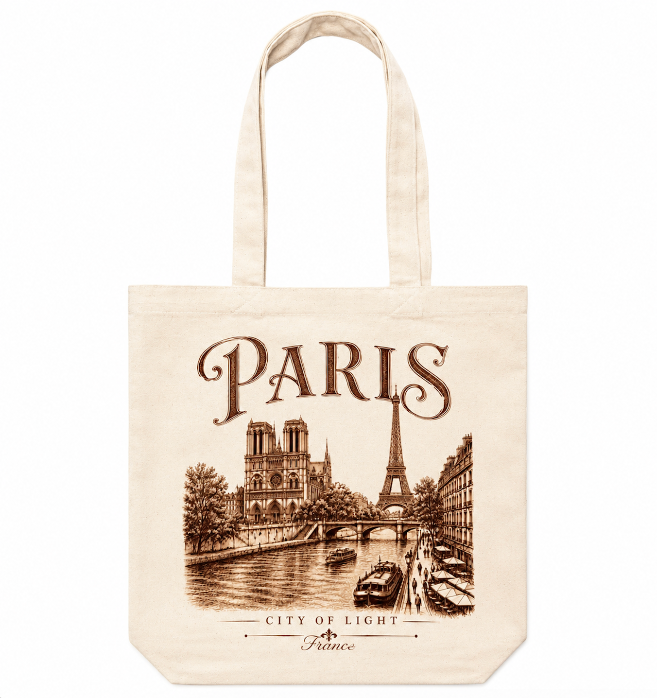 Paris Canvas Tote Bag – Vintage Paris City of Light Graphic Cotton Tote | Eiffel Tower & Notre-Dame Travel Bag