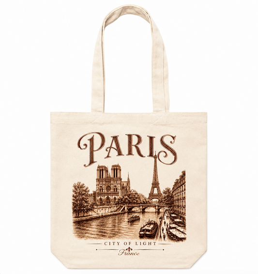 Paris Canvas Tote Bag – Vintage Paris City of Light Graphic Cotton Tote | Eiffel Tower & Notre-Dame Travel Bag