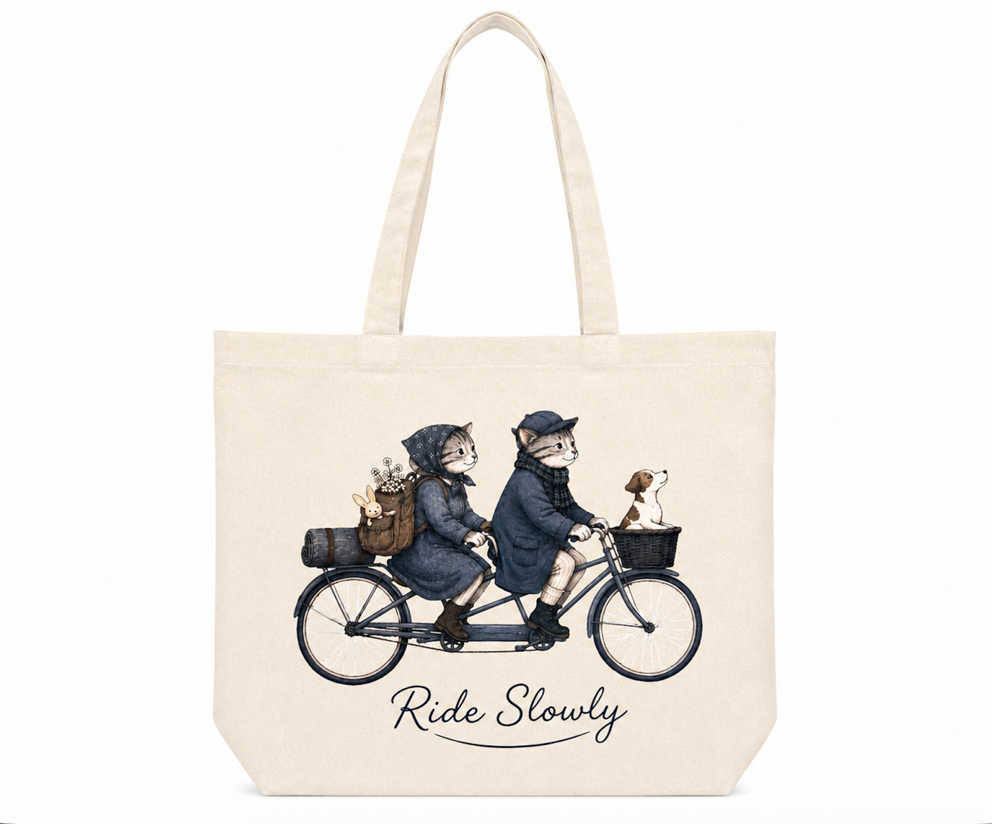 Ride Slowly Cat Canvas Tote Bag | Vintage Bicycle Cat Tote | Cute Cat Lover Market Bag | Reusable Cotton Everyday Tote