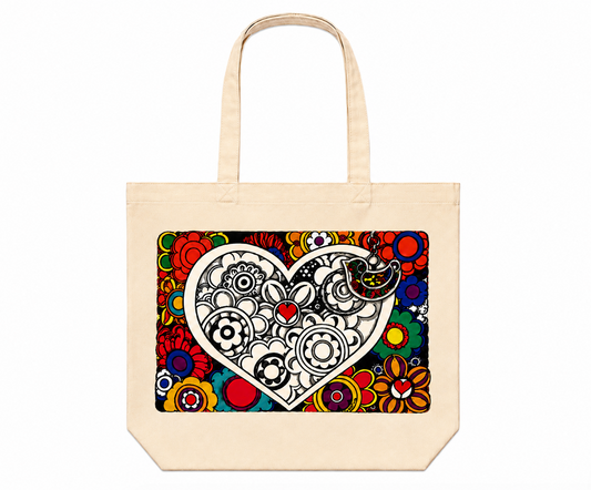 Colorful Heart Canvas Tote Bag – Floral Folk Art Cotton Tote | Boho Love Graphic Reusable Shopping Bag