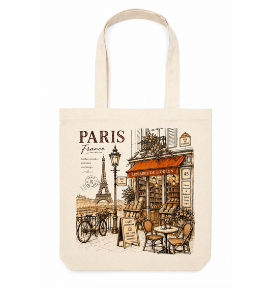 Paris Canvas Tote Bag – Vintage French Bookstore & Café Graphic Cotton Tote | Paris Travel Gift for Book Lovers