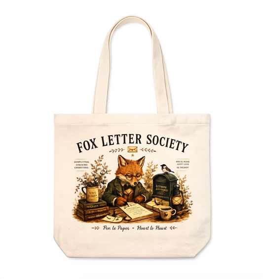 Fox Letter Society Canvas Tote Bag | Vintage Book Lover Cotton Tote | Cottagecore Writing Market Bag | Reusable Everyday Shoulder Bag