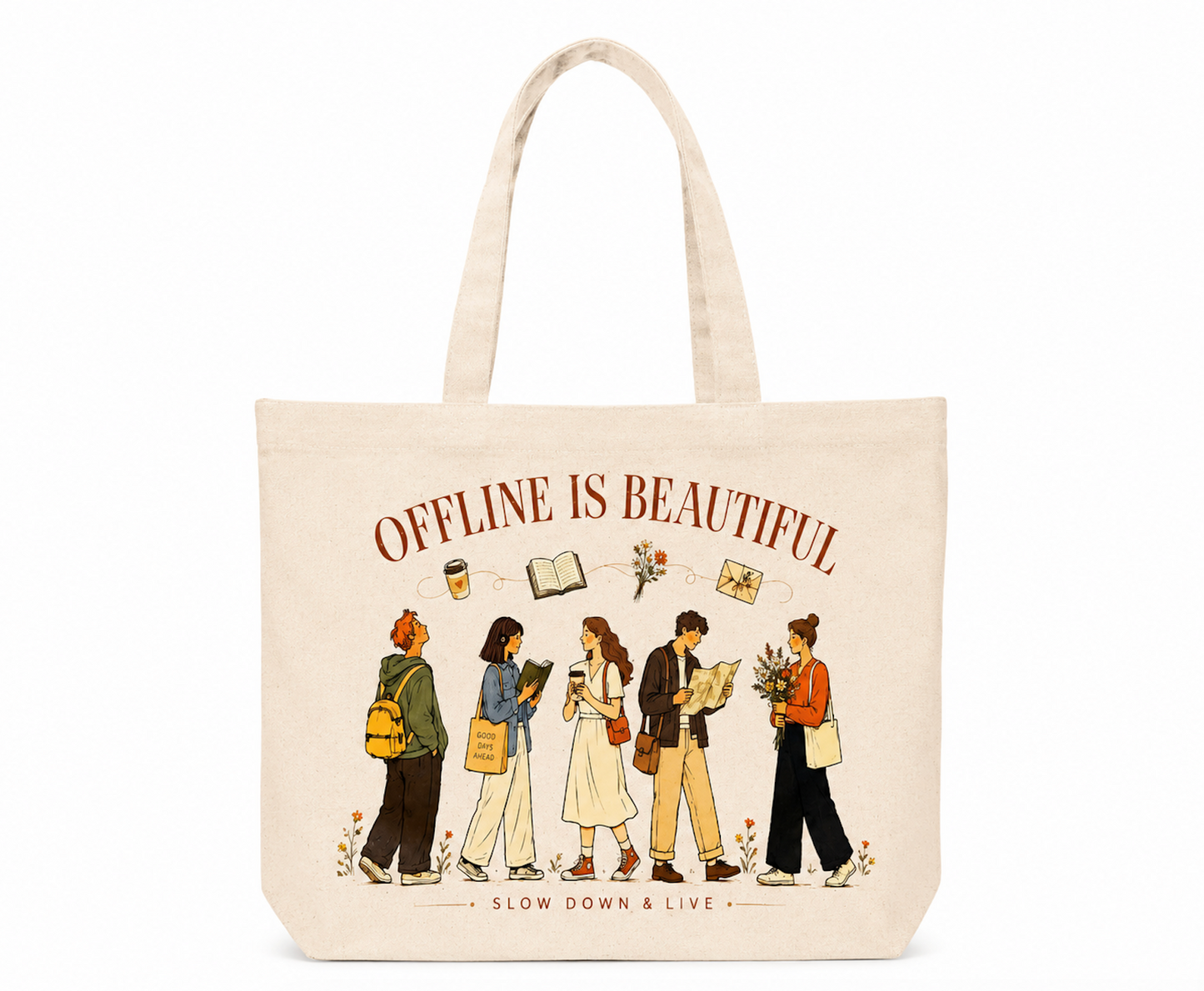 Offline Is Beautiful Canvas Tote Bag | Book Lover Tote | Slow Living Cotton Market Bag | Cozy Reading Everyday Tote Gift