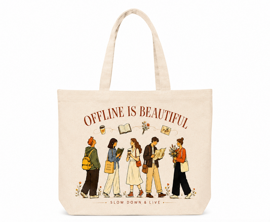 Offline Is Beautiful Canvas Tote Bag | Book Lover Tote | Slow Living Cotton Market Bag | Cozy Reading Everyday Tote Gift