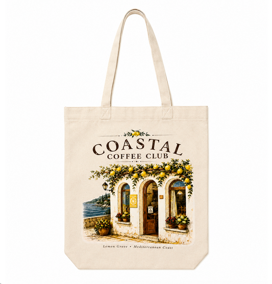 Coastal Coffee Club Canvas Tote Bag | Mediterranean Cafe Cotton Tote | Lemon Grove Market Bag | Reusable Everyday Shoulder Bag