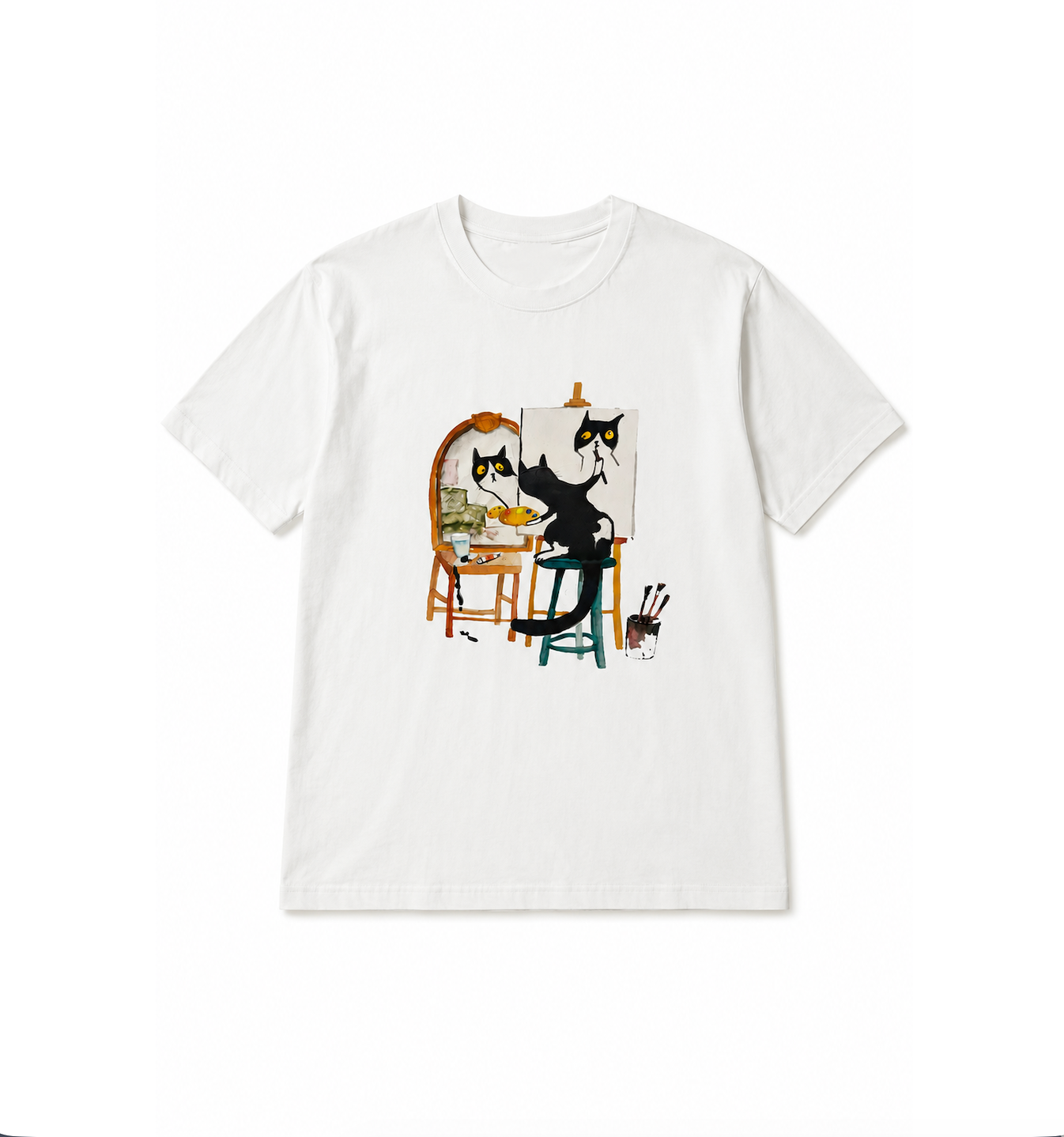 Artist Cat Painting Graphic T-Shirt | Cute Black Cat Painter Unisex Tee