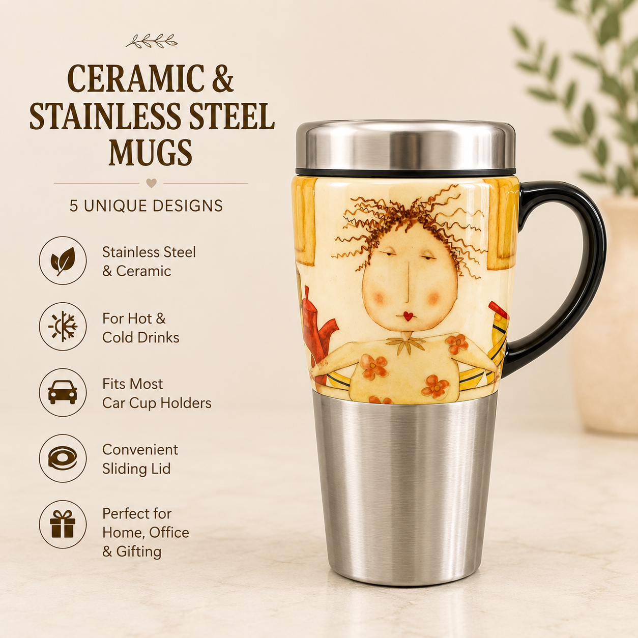 Whimsical Art Ceramic & Stainless Steel Travel Mug with Lid