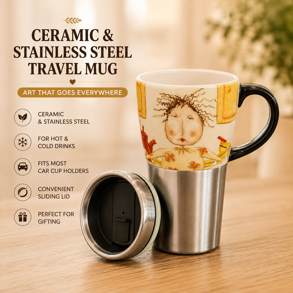 Whimsical Art Ceramic & Stainless Steel Travel Mug with Lid
