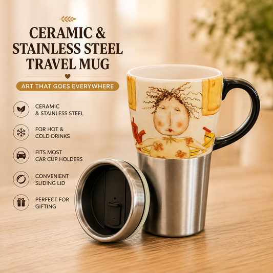 Whimsical Art Ceramic & Stainless Steel Travel Mug with Lid