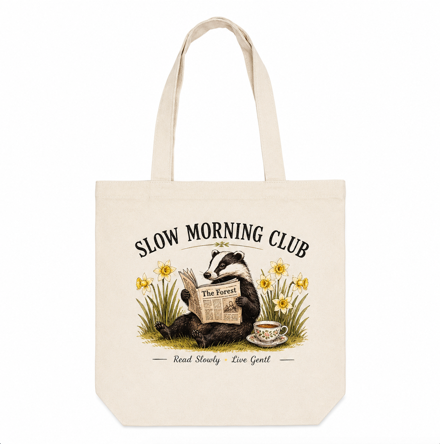 Slow Morning Club Badger Canvas Tote Bag | Cottagecore Book Lover Tote