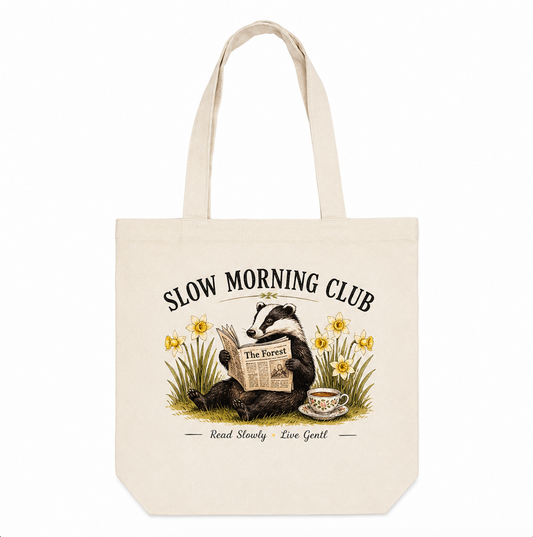Slow Morning Club Badger Canvas Tote Bag | Cottagecore Book Lover Tote