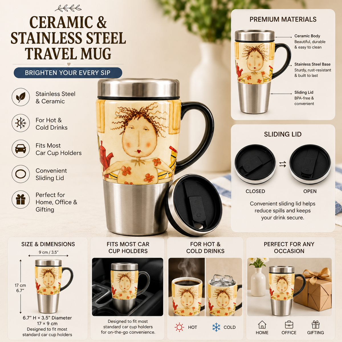 Whimsical Art Ceramic & Stainless Steel Travel Mug with Lid