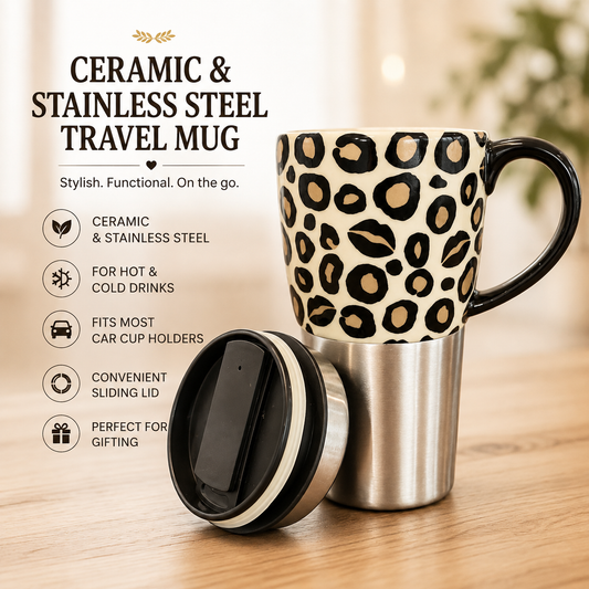 Leopard Print Ceramic & Stainless Steel Travel Mug with Handle & Sliding Lid
