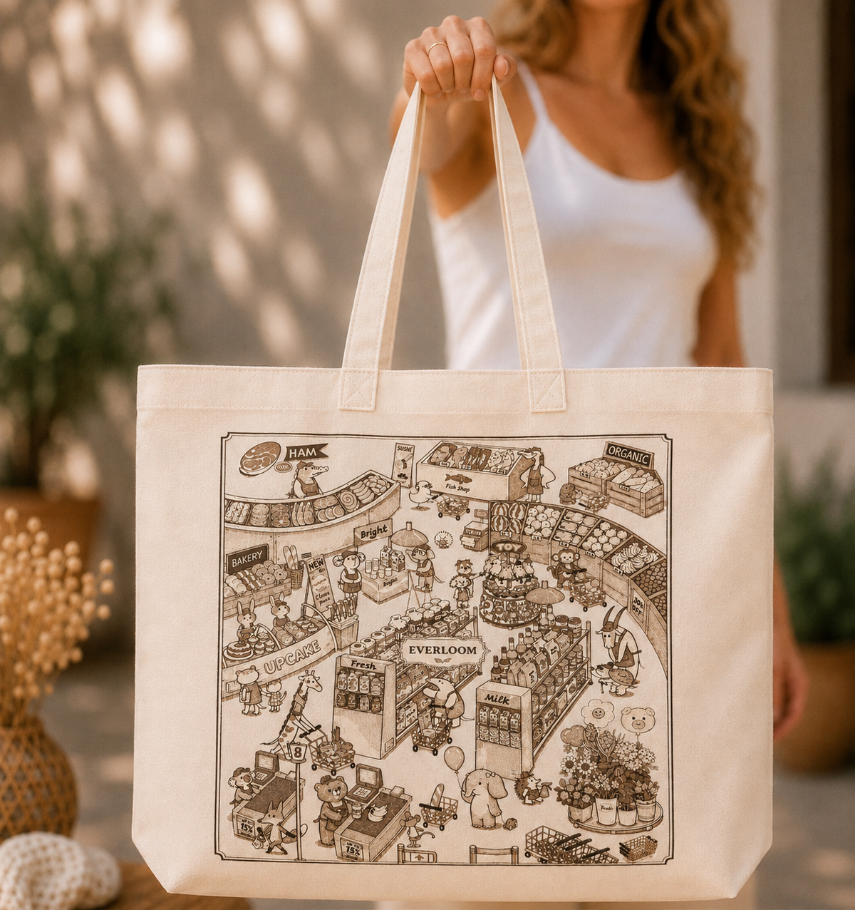 Vintage Grocery Market Canvas Tote Bag – Whimsical Storybook Illustration