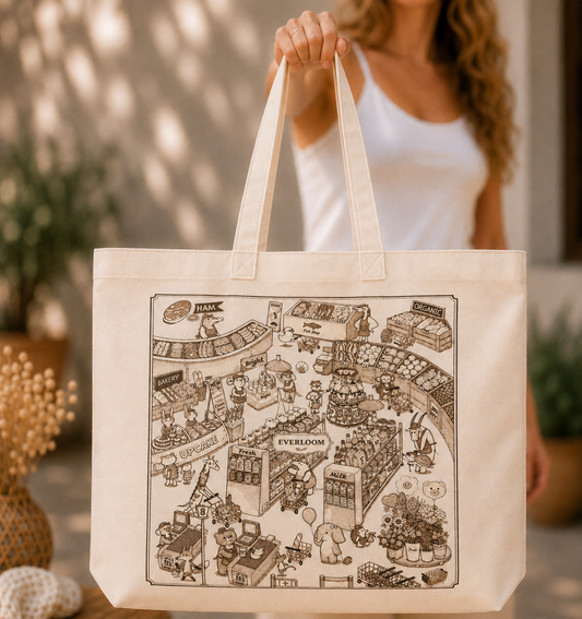 Vintage Grocery Market Canvas Tote Bag – Whimsical Storybook Illustration