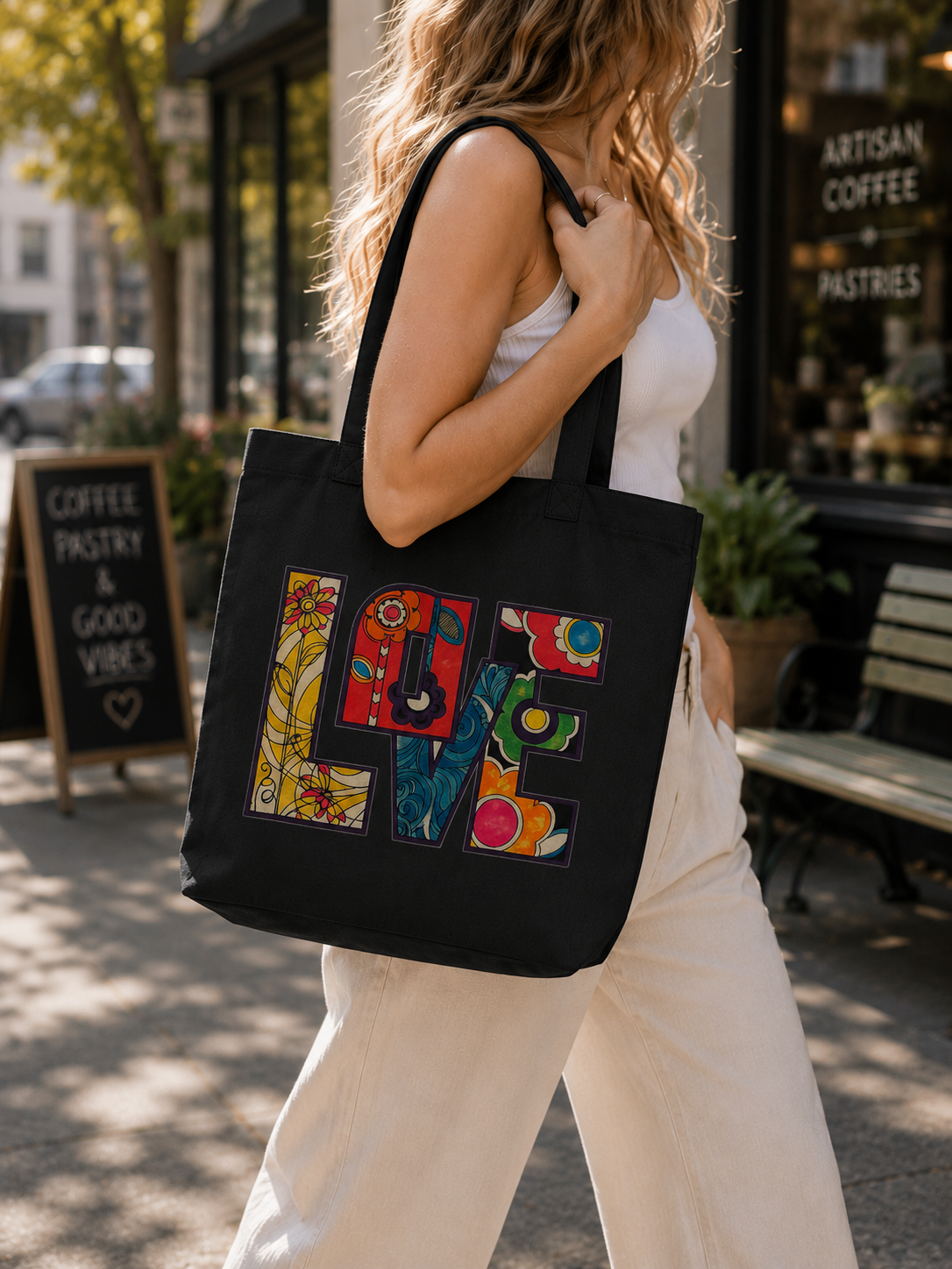LOVE Canvas Tote Bag | Colorful Floral Graphic Tote | Boho Cotton Market Bag
