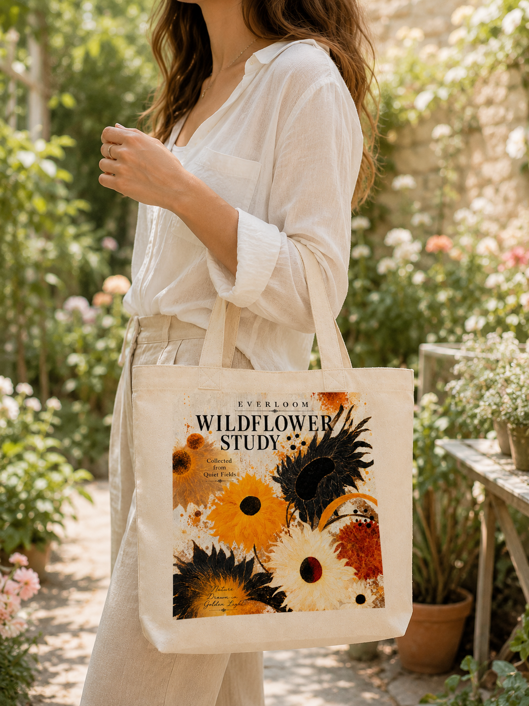 Wildflower Study Black Cotton Tote Bag – Botanical Floral Art Shoulder Bag
