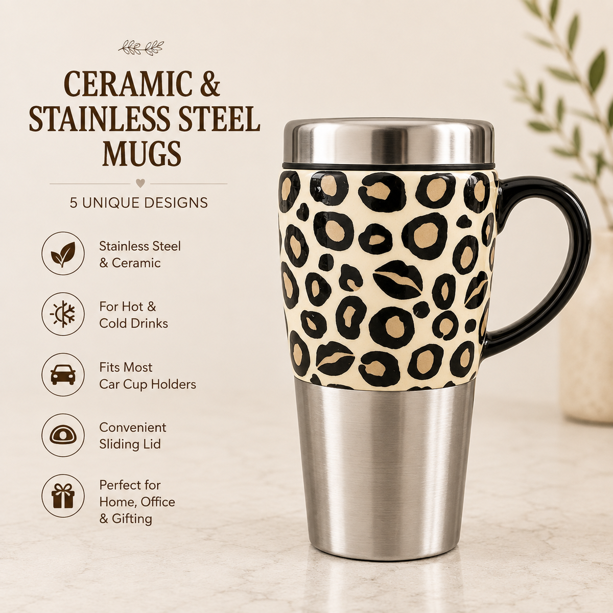 Leopard Print Ceramic & Stainless Steel Travel Mug with Handle & Sliding Lid
