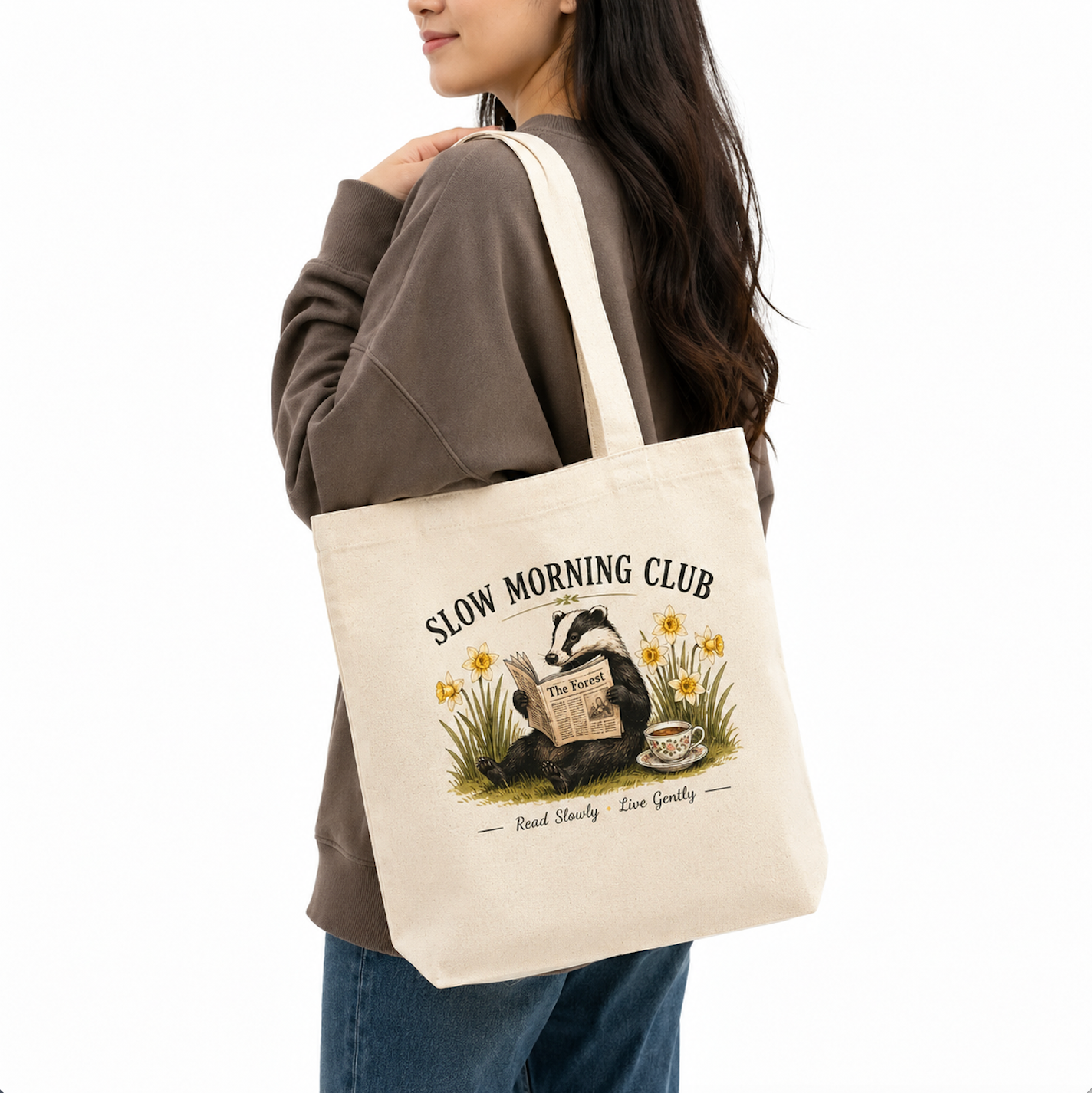 Slow Morning Club Badger Canvas Tote Bag | Cottagecore Book Lover Tote