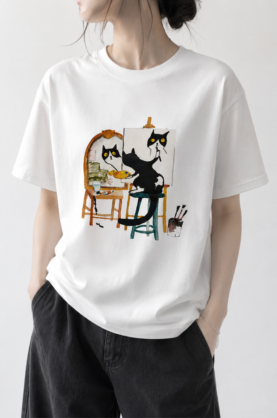 Artist Cat Painting Graphic T-Shirt | Cute Black Cat Painter Unisex Tee