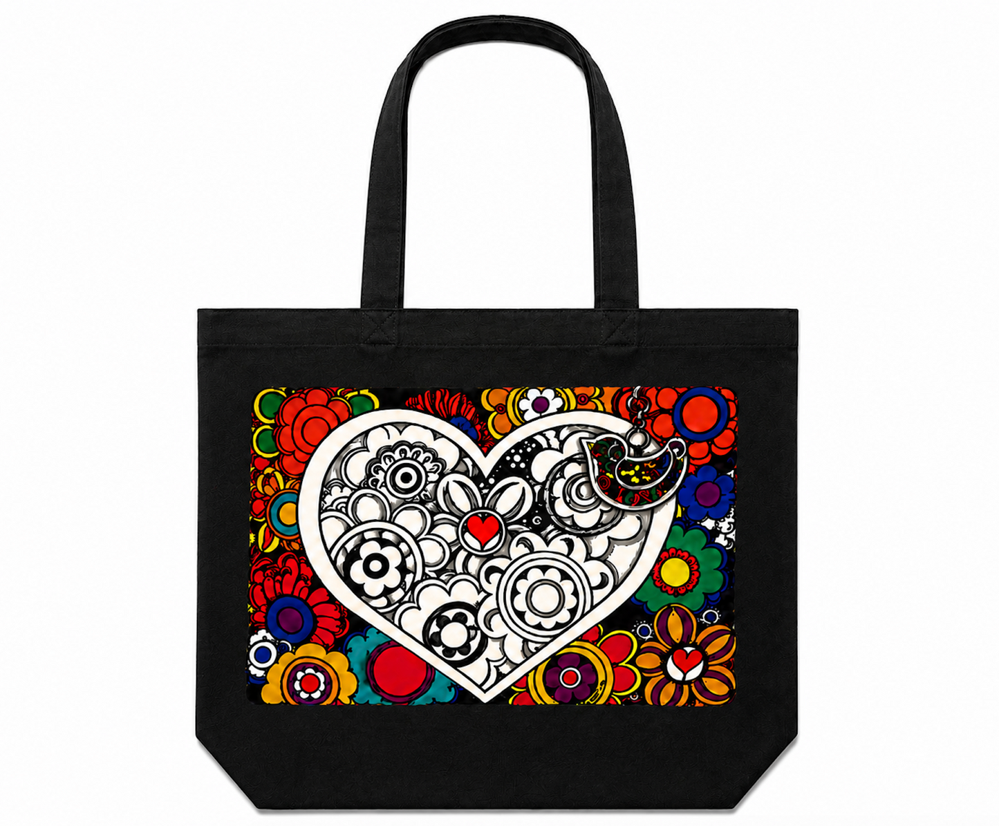 Colorful Heart Canvas Tote Bag – Floral Folk Art Cotton Tote | Boho Love Graphic Reusable Shopping Bag