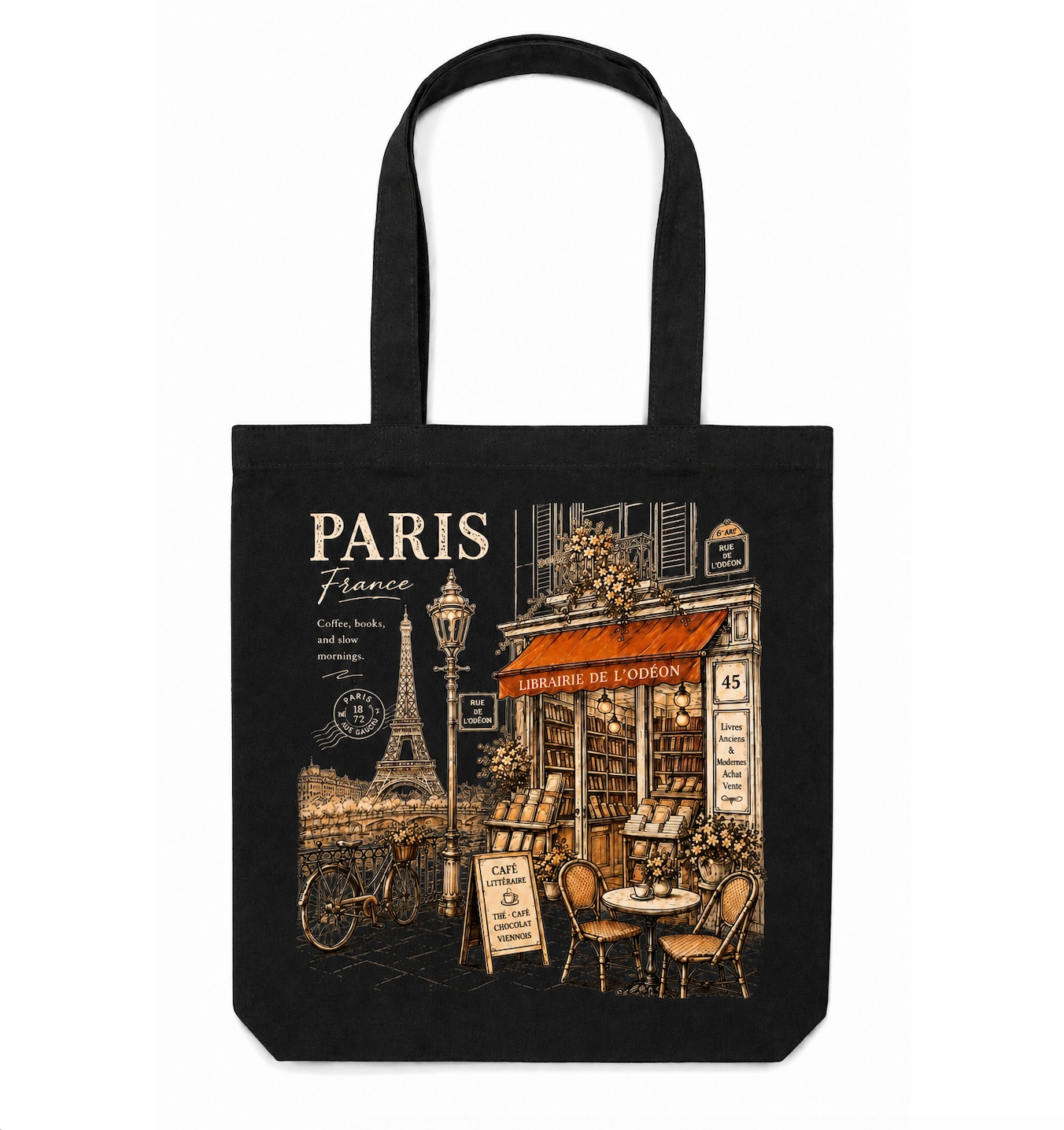 Paris Canvas Tote Bag – Vintage French Bookstore & Café Graphic Cotton Tote | Paris Travel Gift for Book Lovers