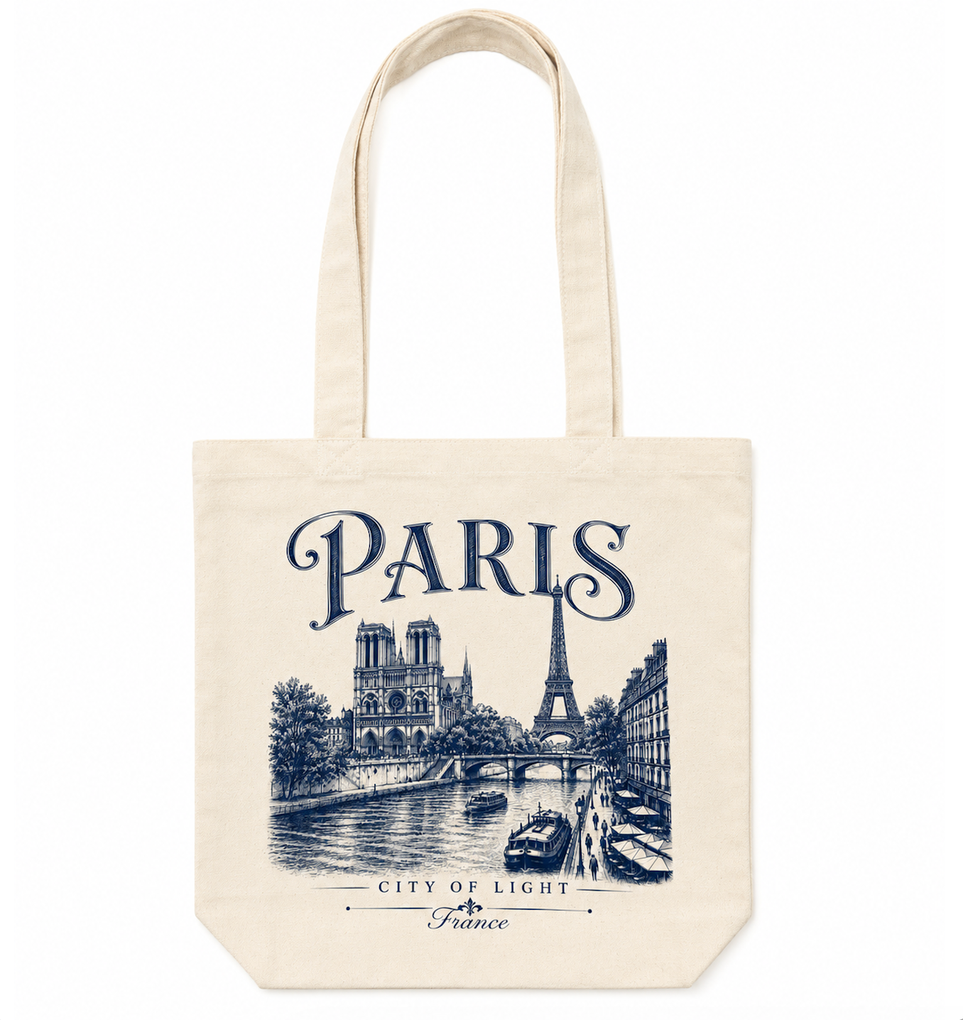 Paris Canvas Tote Bag – Vintage Paris City of Light Graphic Cotton Tote | Eiffel Tower & Notre-Dame Travel Bag
