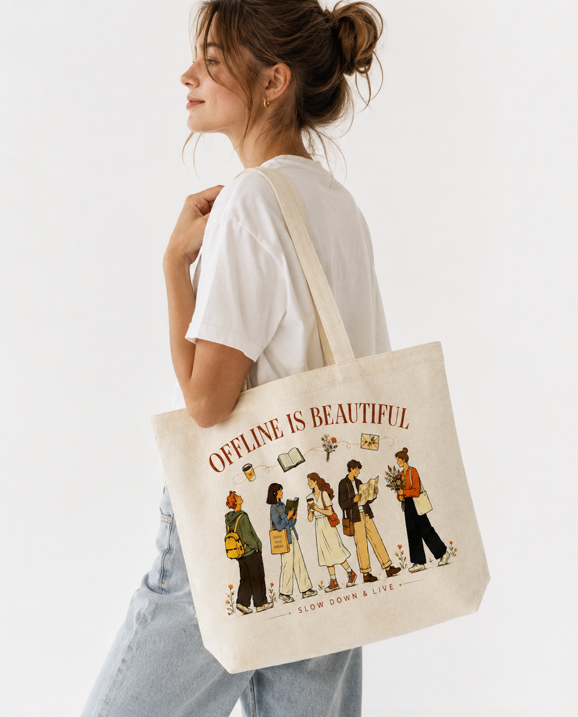 Offline Is Beautiful Canvas Tote Bag | Book Lover Tote | Slow Living Cotton Market Bag | Cozy Reading Everyday Tote Gift