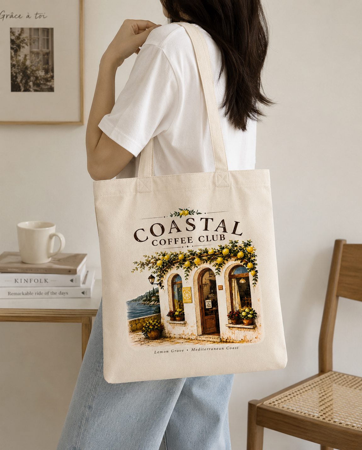 Coastal Coffee Club Canvas Tote Bag | Mediterranean Cafe Cotton Tote | Lemon Grove Market Bag | Reusable Everyday Shoulder Bag