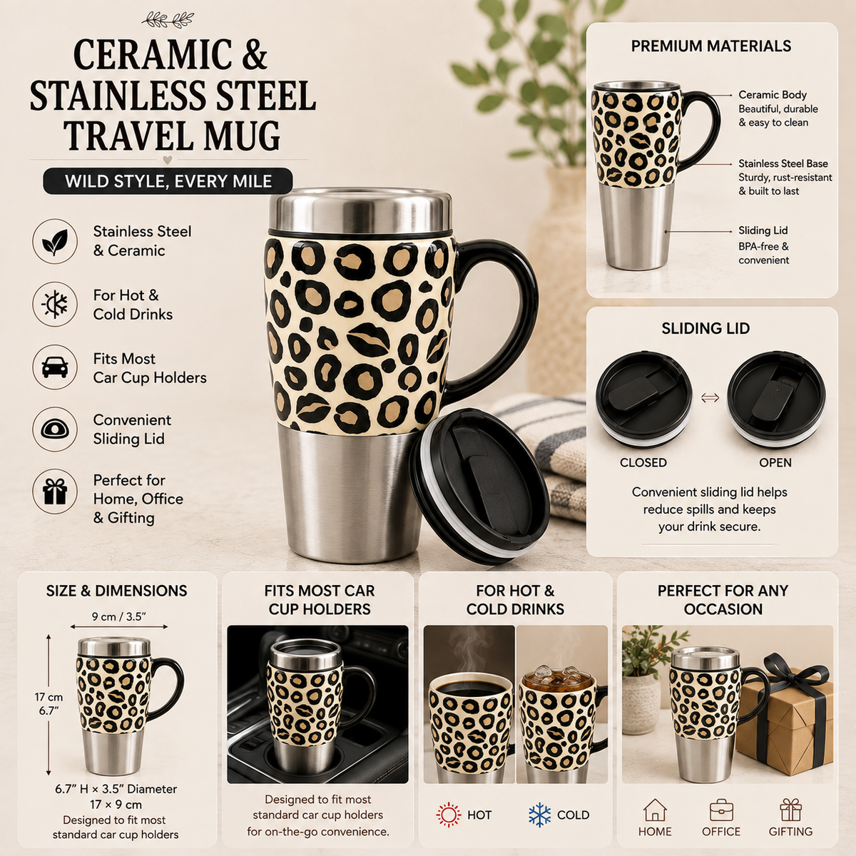 Leopard Print Ceramic & Stainless Steel Travel Mug with Handle & Sliding Lid