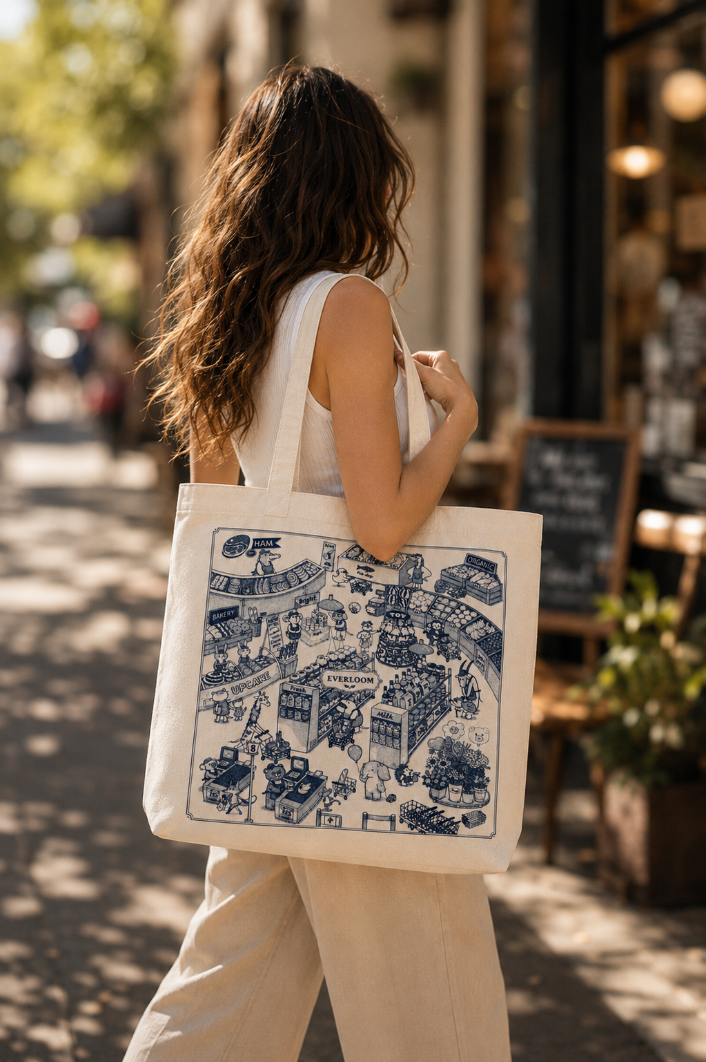Whimsical Grocery Market Canvas Tote Bag – Hand Drawn Store Illustration