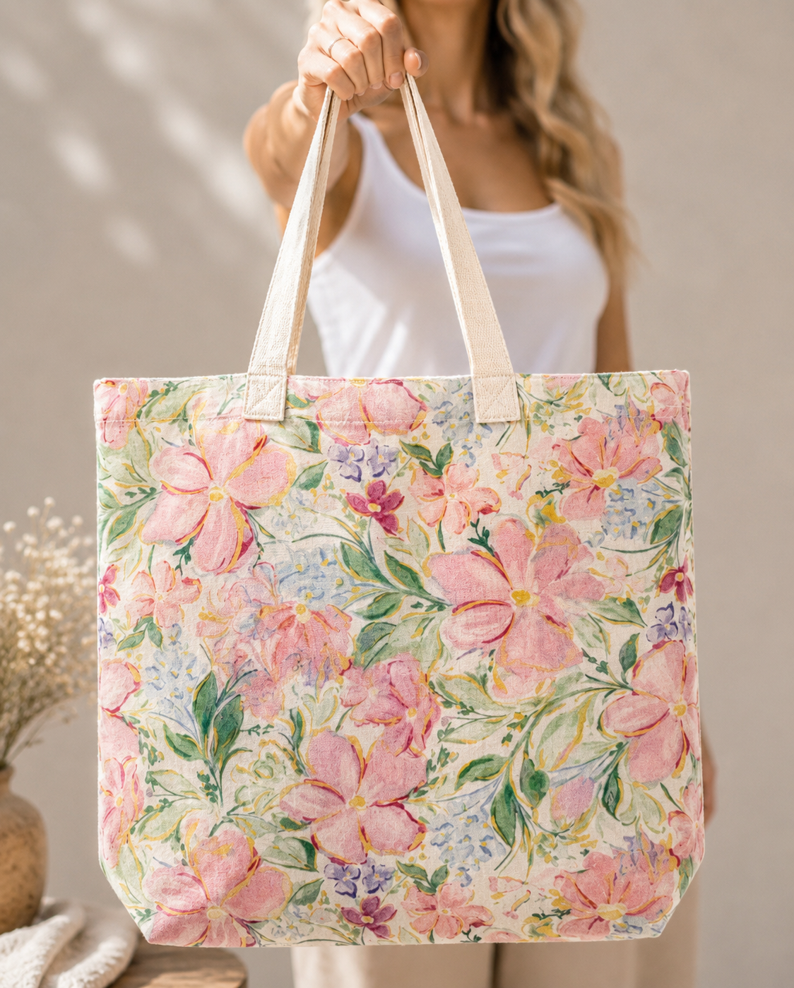 Pink Floral Cotton Tote Bag – Cottage Garden Everyday Carryall