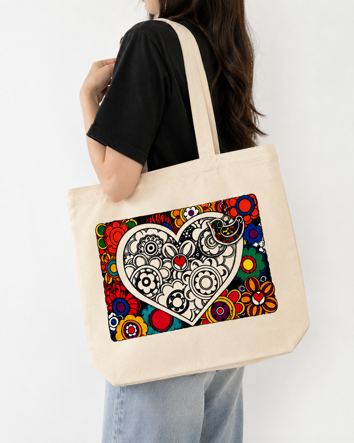 Colorful Heart Canvas Tote Bag – Floral Folk Art Cotton Tote | Boho Love Graphic Reusable Shopping Bag