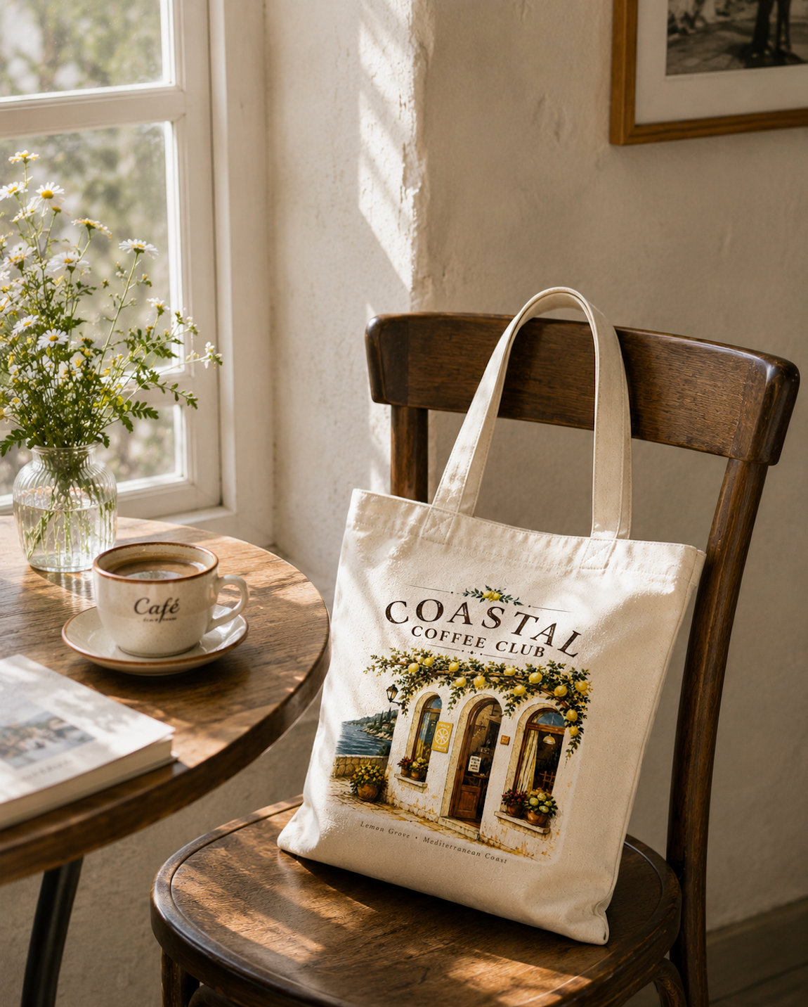 Coastal Coffee Club Canvas Tote Bag | Mediterranean Cafe Cotton Tote | Lemon Grove Market Bag | Reusable Everyday Shoulder Bag