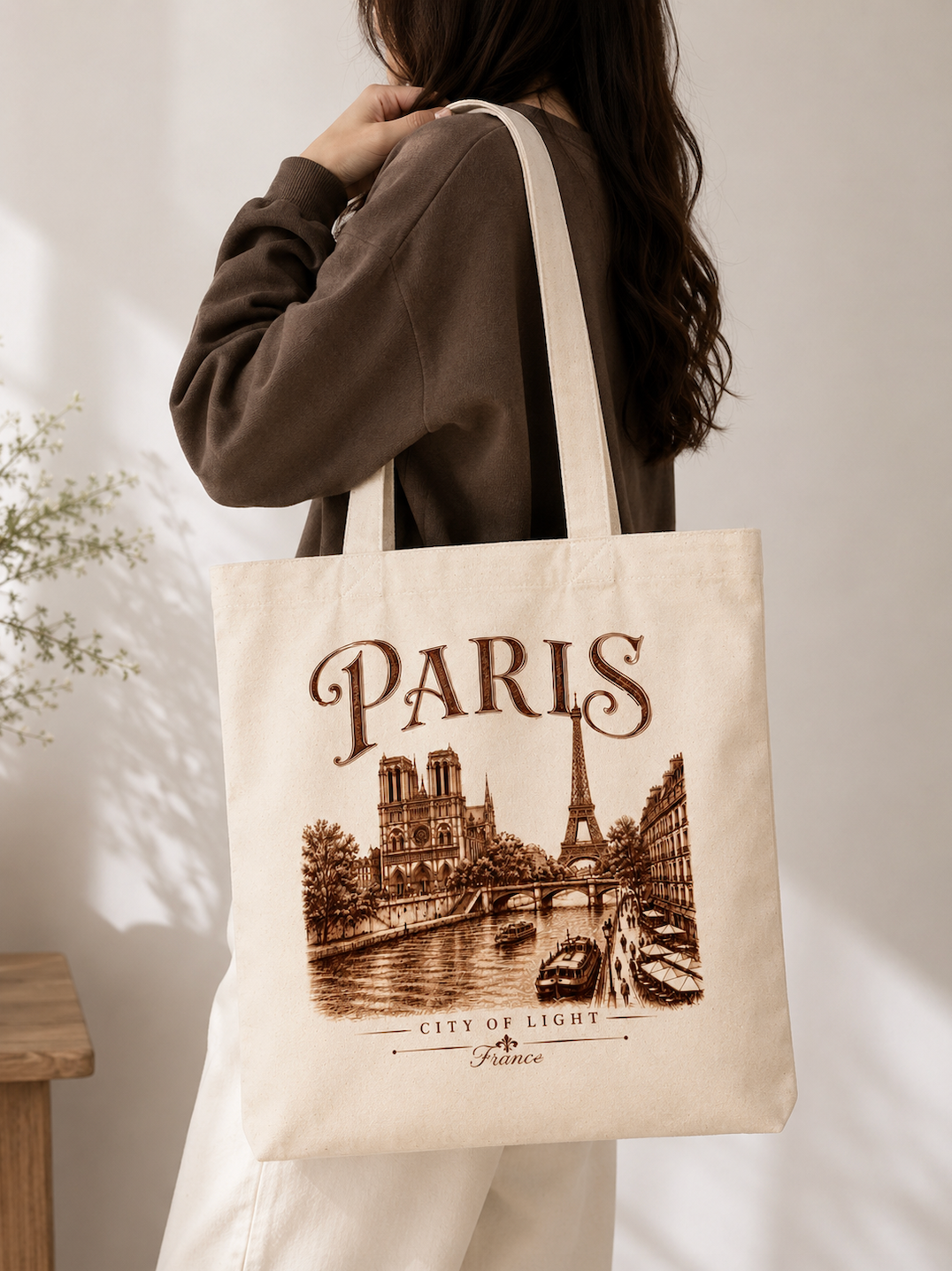 Paris Canvas Tote Bag – Vintage Paris City of Light Graphic Cotton Tote | Eiffel Tower & Notre-Dame Travel Bag