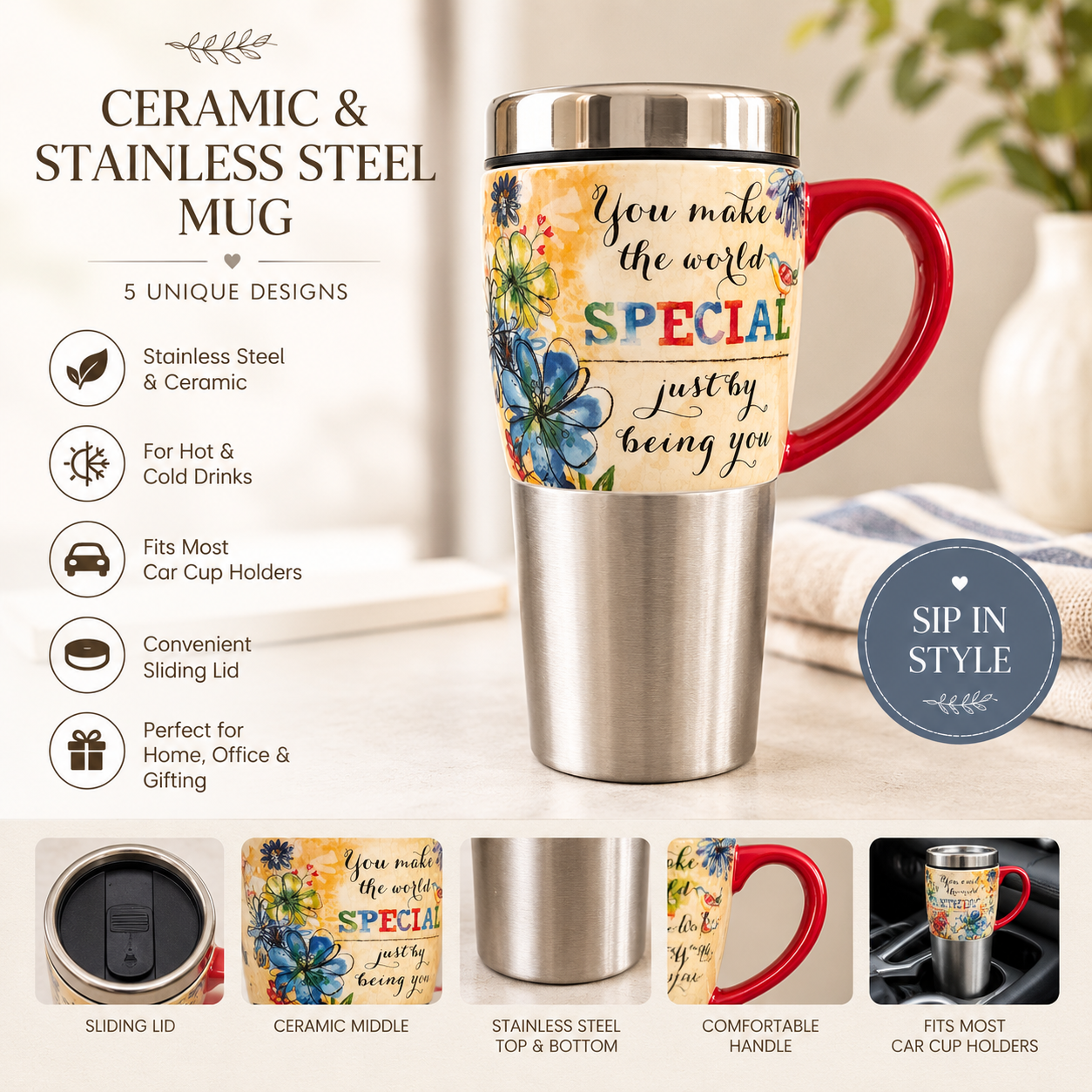 You Make the World Special Ceramic & Stainless Steel Travel Mug with Lid | Inspirational Coffee Cup | Gift Mug