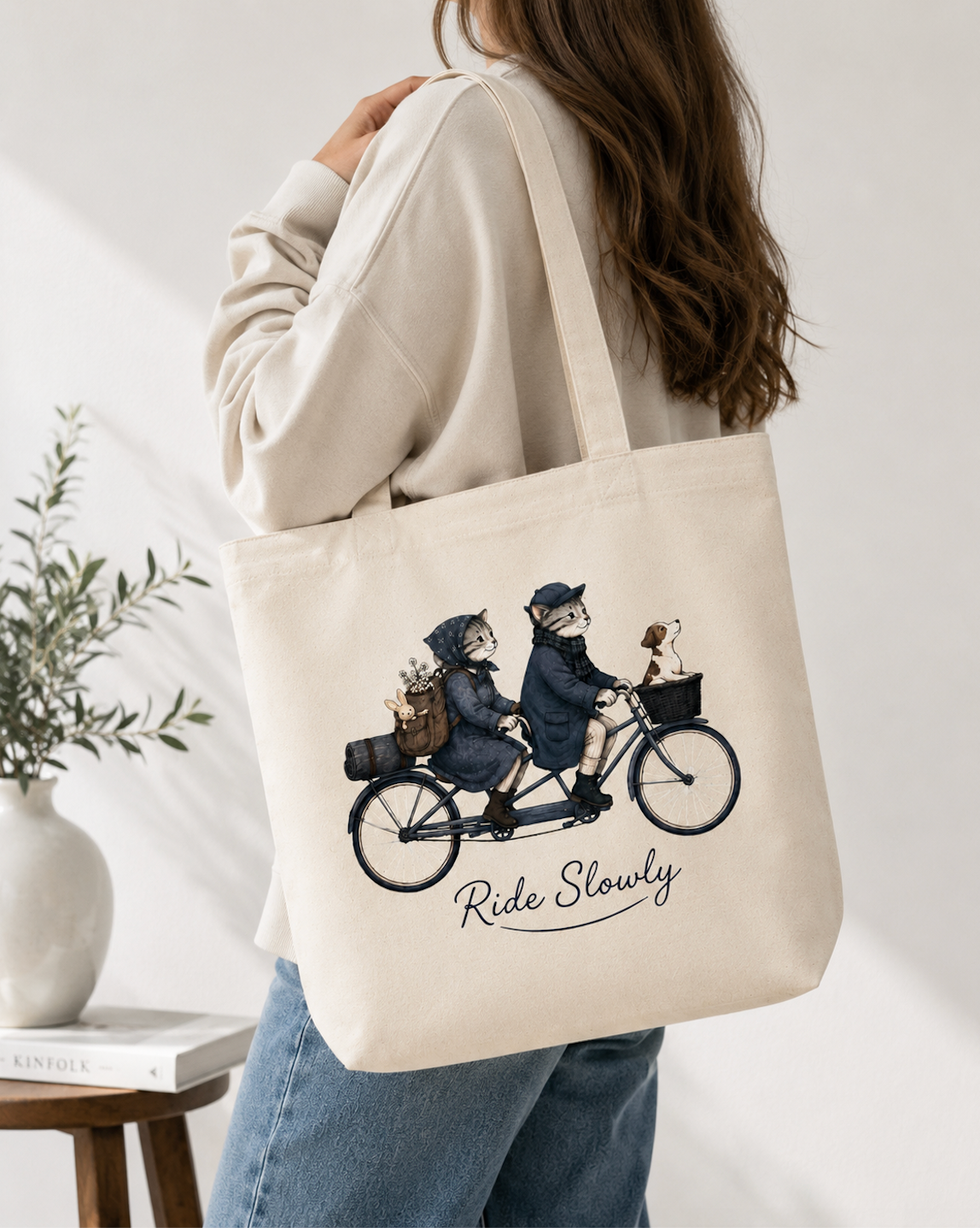 Ride Slowly Cat Canvas Tote Bag | Vintage Bicycle Cat Tote | Cute Cat Lover Market Bag | Reusable Cotton Everyday Tote