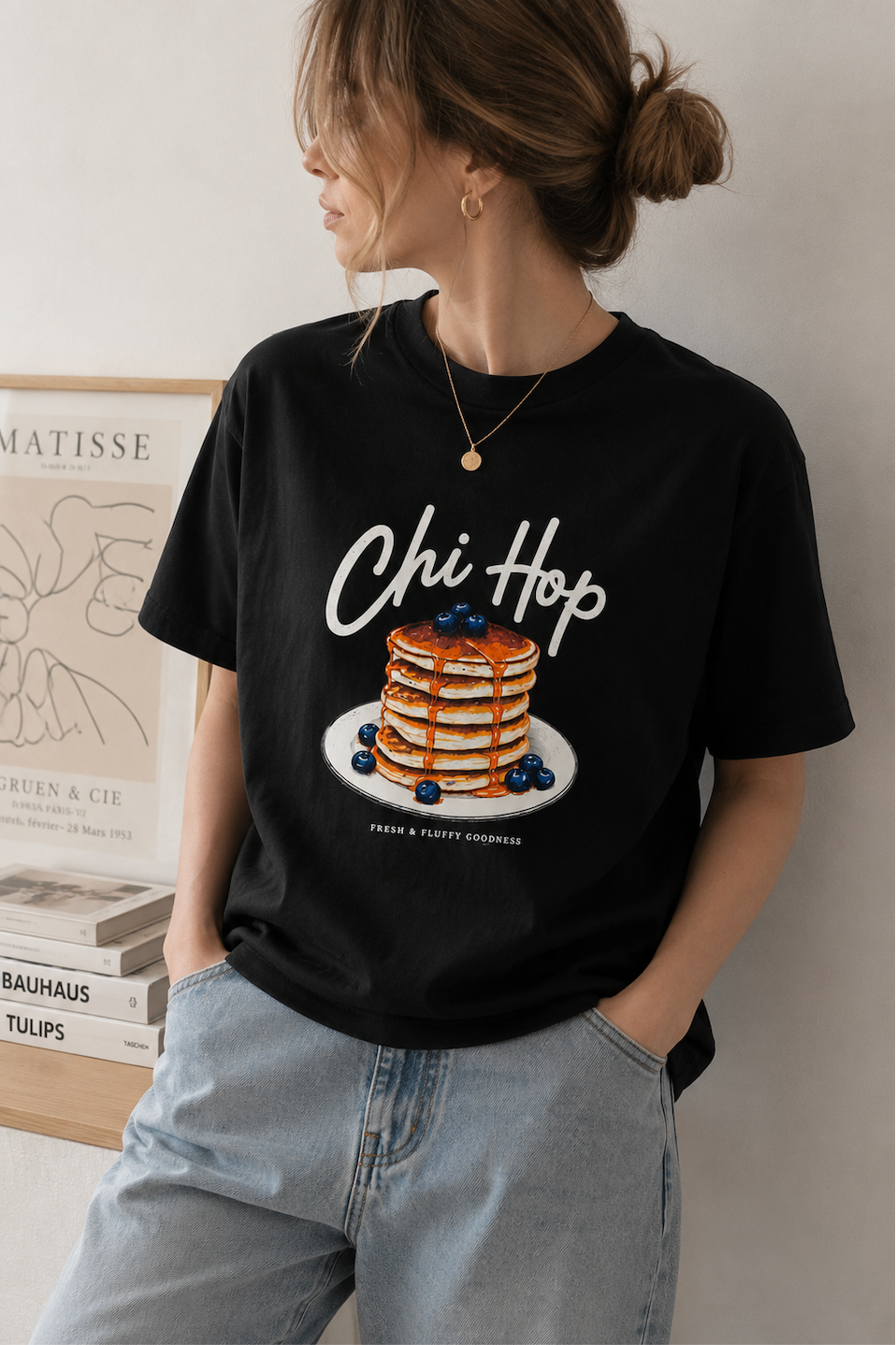 Vintage Pancake Graphic T-Shirt | Chi Hop Blueberry Pancakes Breakfast Tee | Funny Brunch Food Lover Gift | Unisex Cotton Shirt