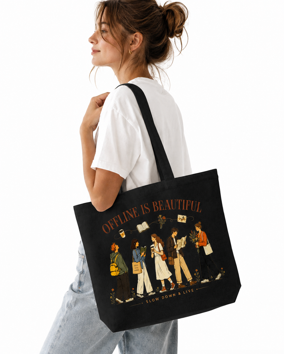 Offline Is Beautiful Canvas Tote Bag | Book Lover Tote | Slow Living Cotton Market Bag | Cozy Reading Everyday Tote Gift