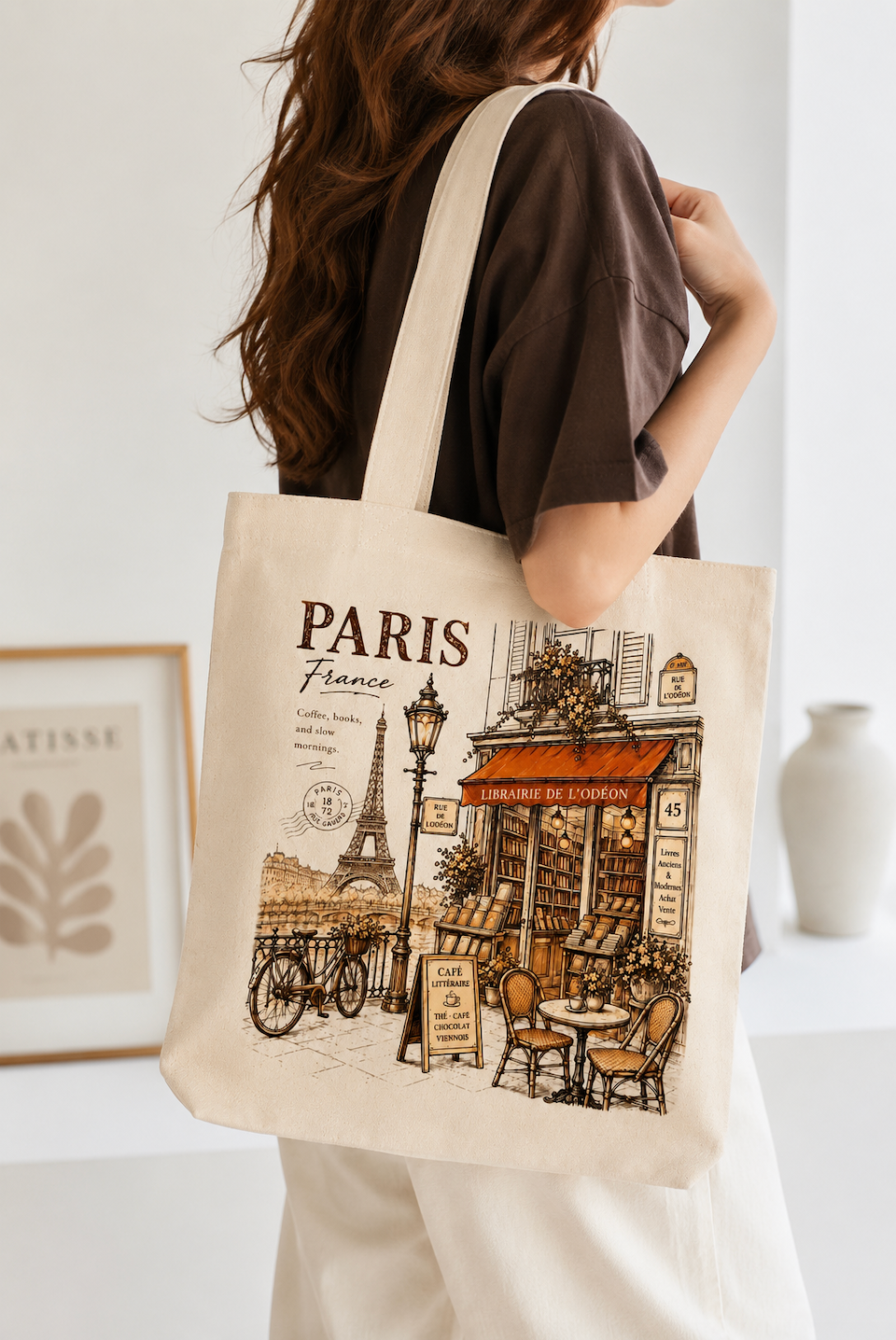 Paris Canvas Tote Bag – Vintage French Bookstore & Café Graphic Cotton Tote | Paris Travel Gift for Book Lovers
