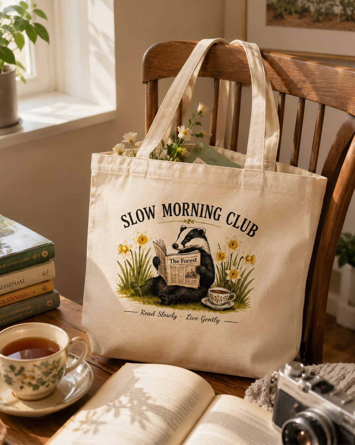 Slow Morning Club Badger Canvas Tote Bag | Cottagecore Book Lover Tote