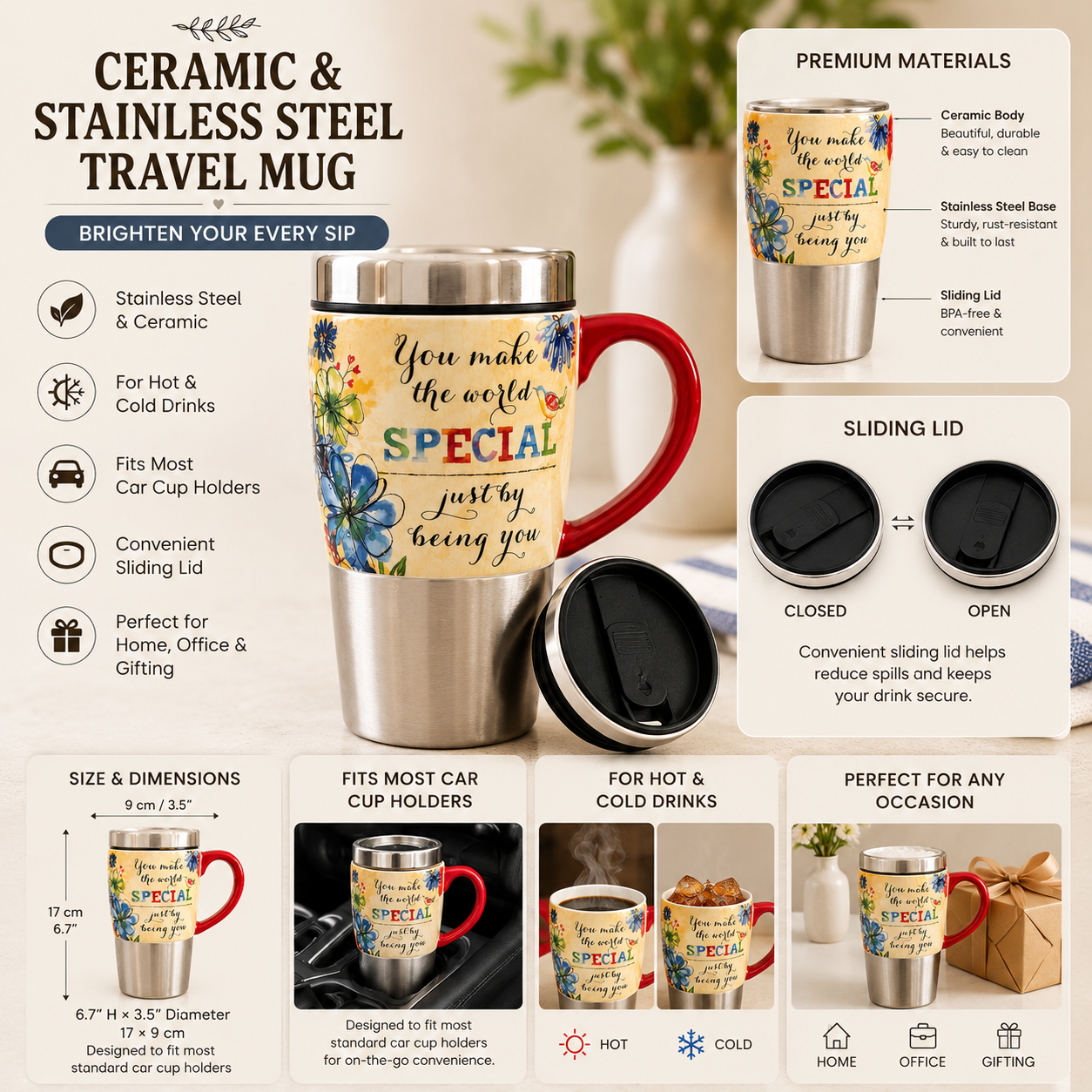 You Make the World Special Ceramic & Stainless Steel Travel Mug with Lid | Inspirational Coffee Cup | Gift Mug
